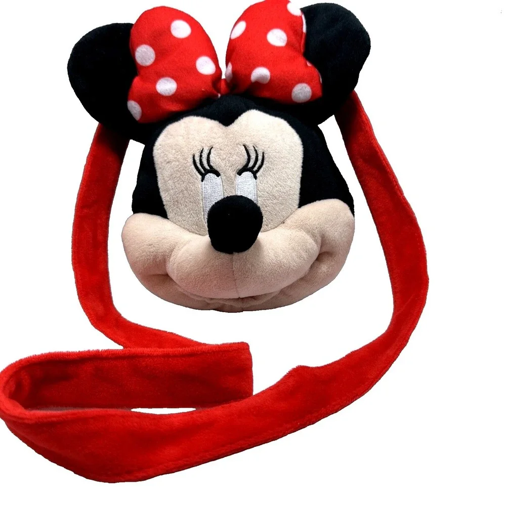 Disney Minnie Mouse Plush Backpack Bag Red‎ Polka Dot Bow Ears Zipper Pouch